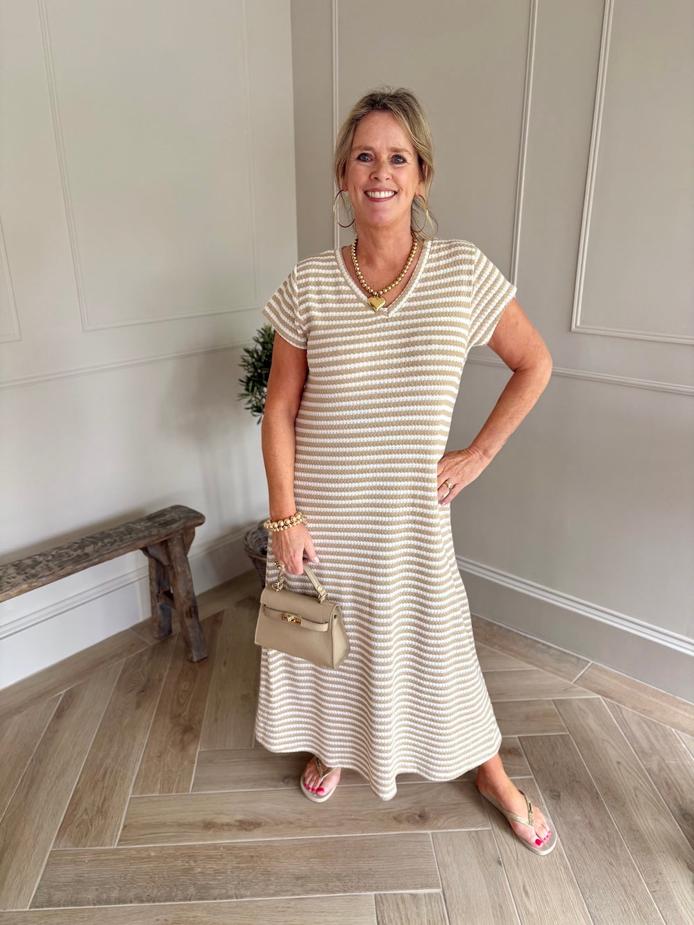 jurk gestreept katoen beige