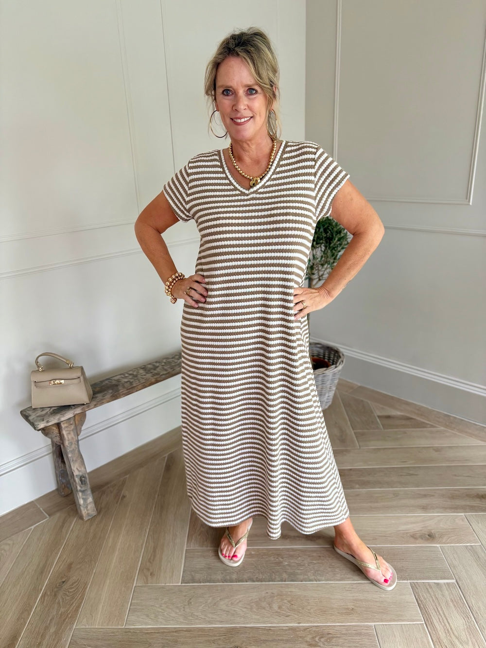 jurk gestreept taupe katoen