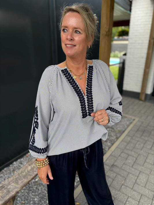 blouse gestreept blauw wit emt bloemen