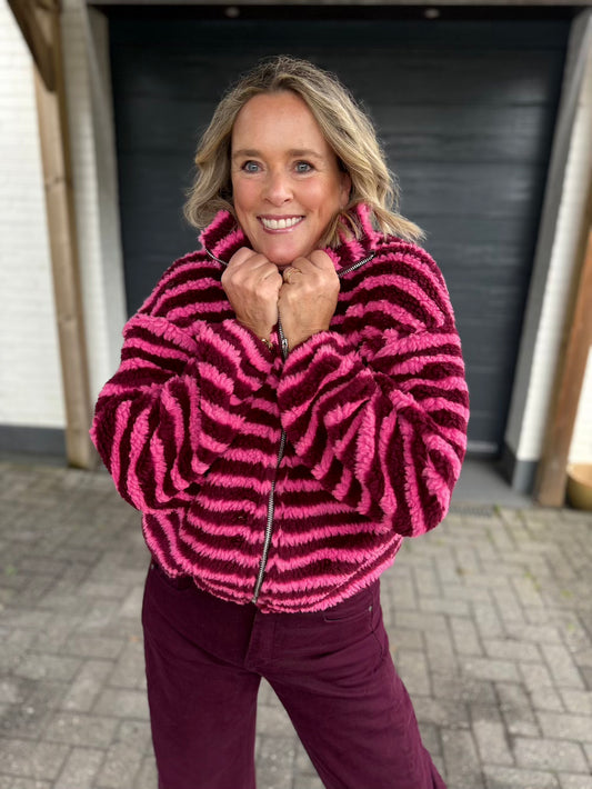 pluche vest gestreept roze bordeaux