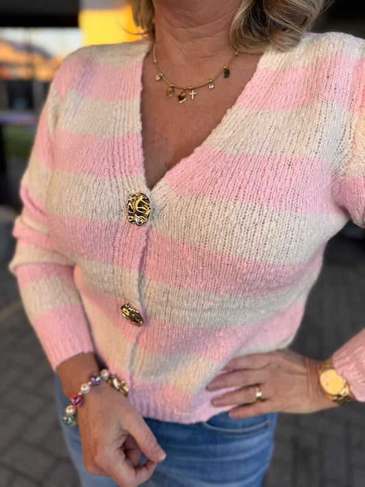 vest roze gestreept grote gouden knoop