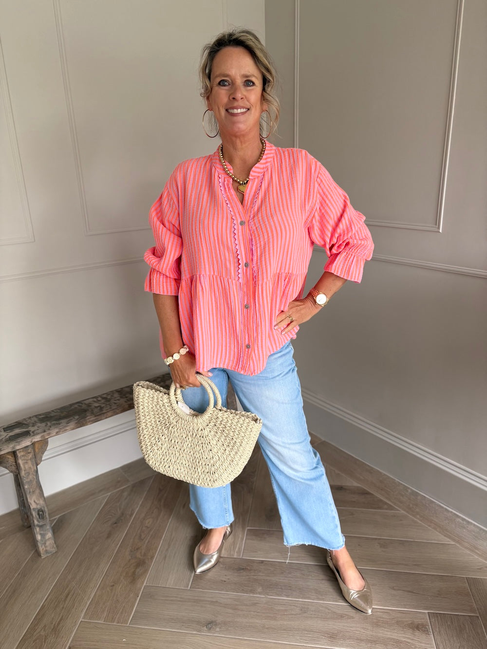 blouse neon oranje gestreept