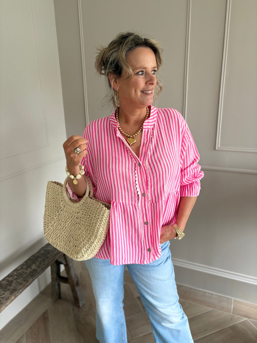 blouse neon roze wit gestreept