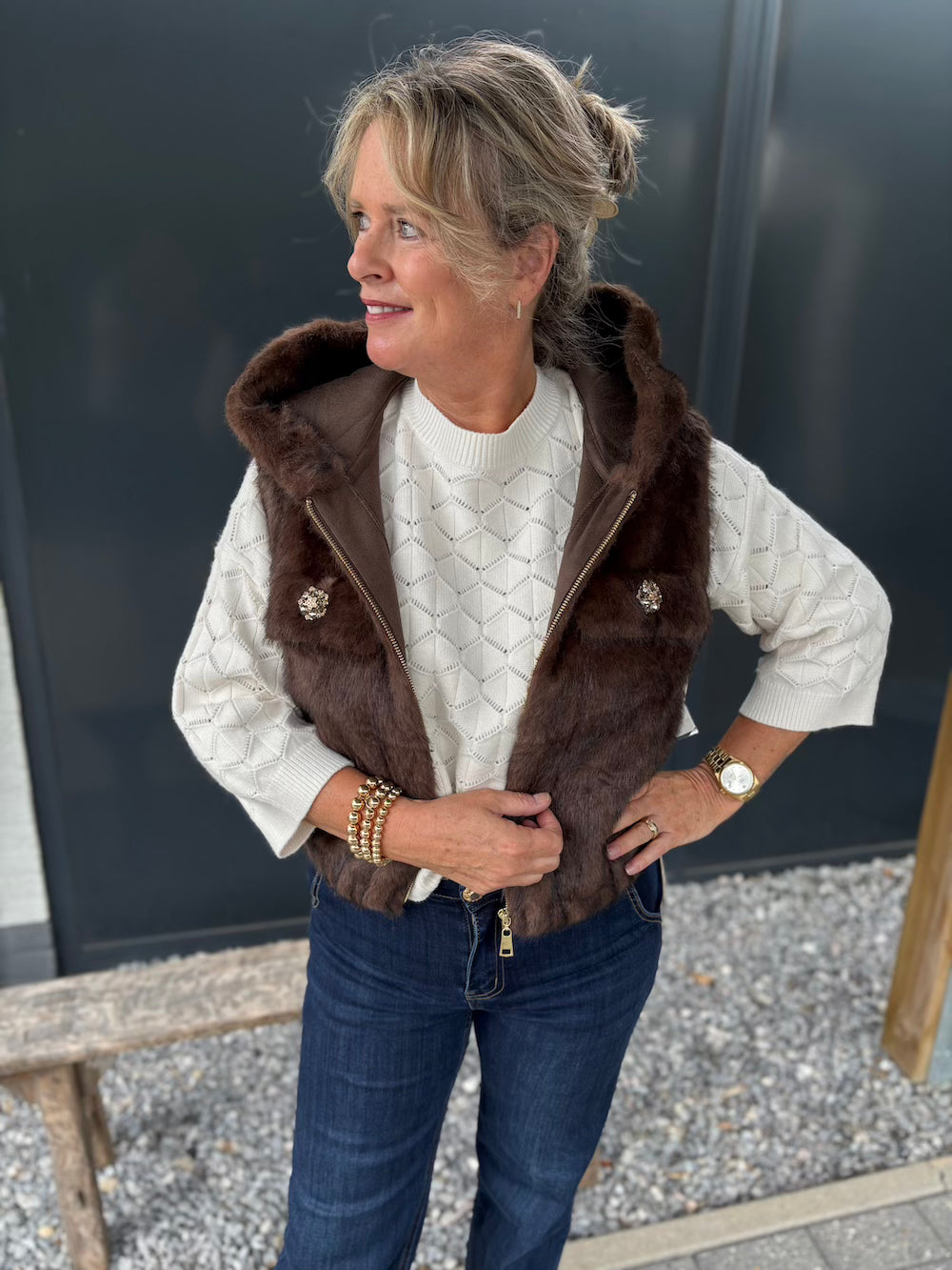 Gilet bont met capuchon bruin