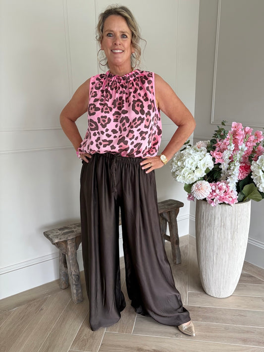 viscose met zijden broek bruin glanzend