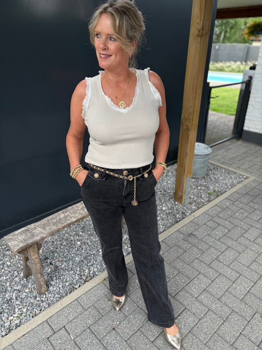 stretch jeans met riempje en mooie knoopjes zwart