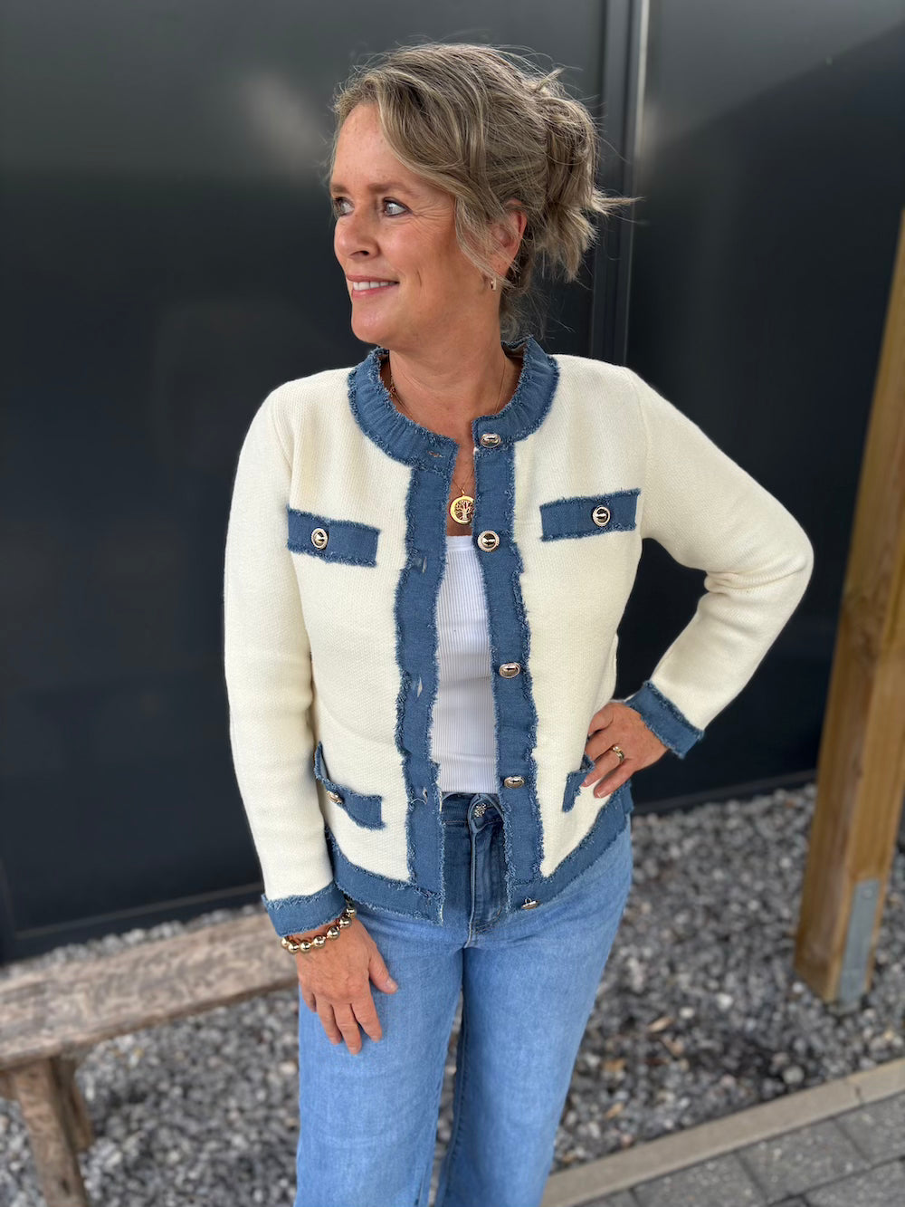 Vestje designer stijl roomwit blauw