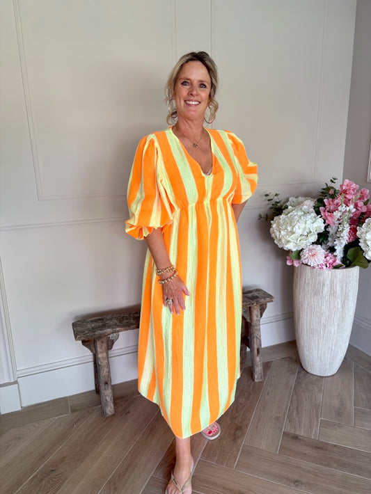 Jurk neon gestreept oranje geel