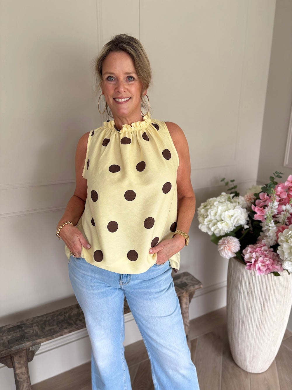 top polka dot geel
