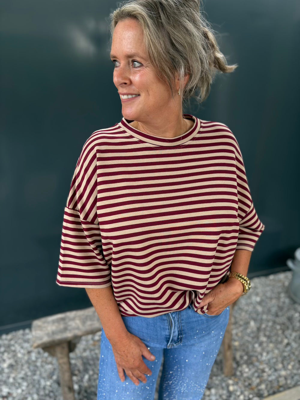 Shirt gestreept bordeaux/beige