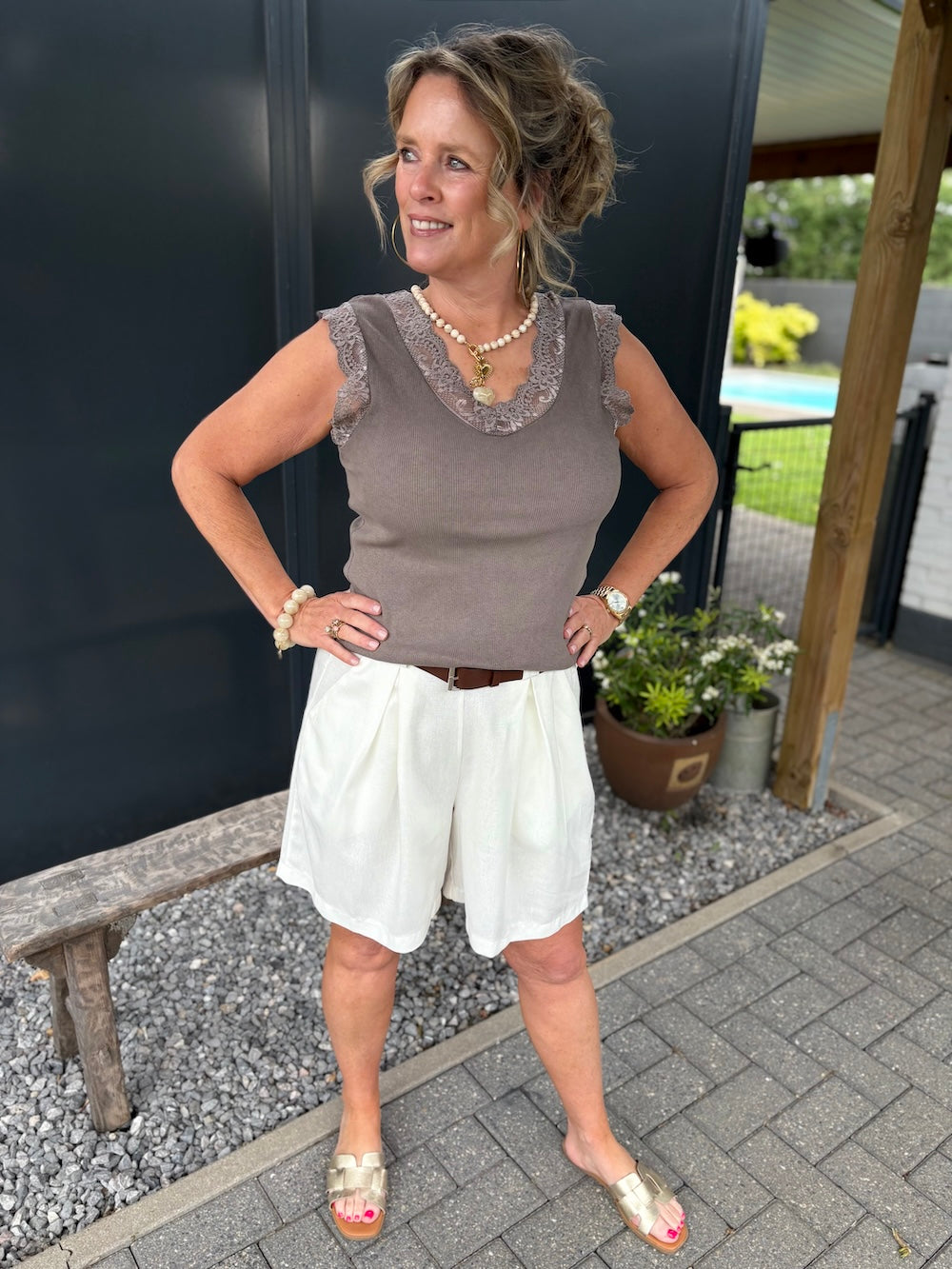 Short met riem linnenmix