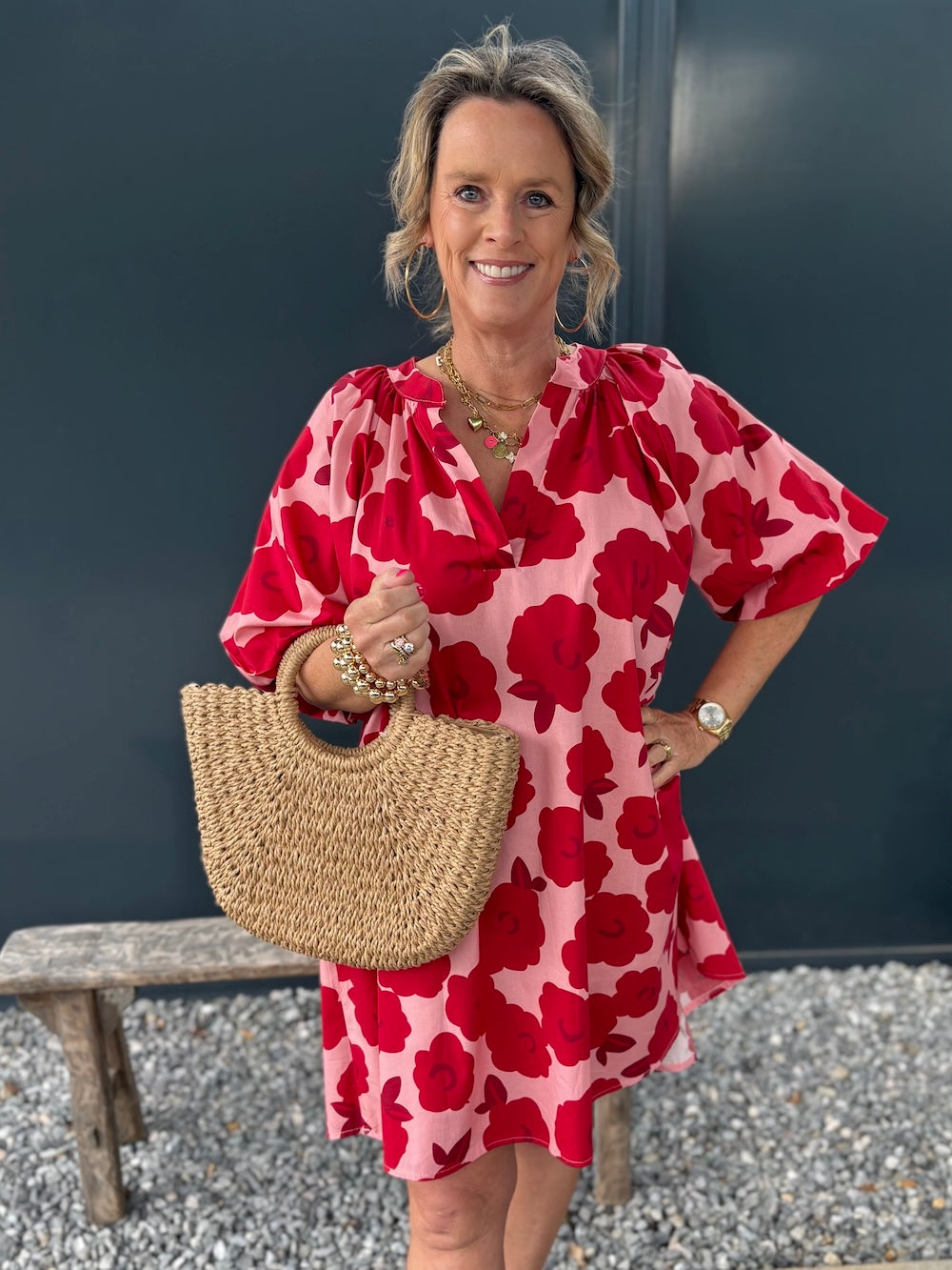 oversized jurkje met pofmouw rood bloemen