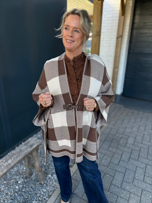 Poncho met ruit bruin creme