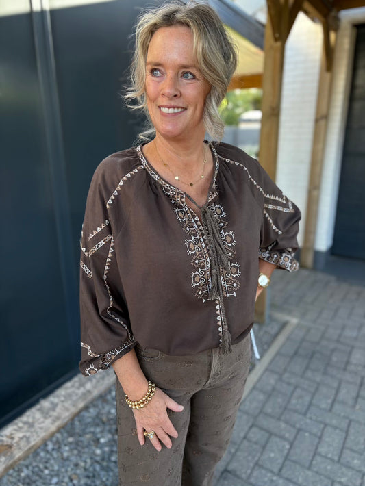 Blouse katoen met borduursels bruin