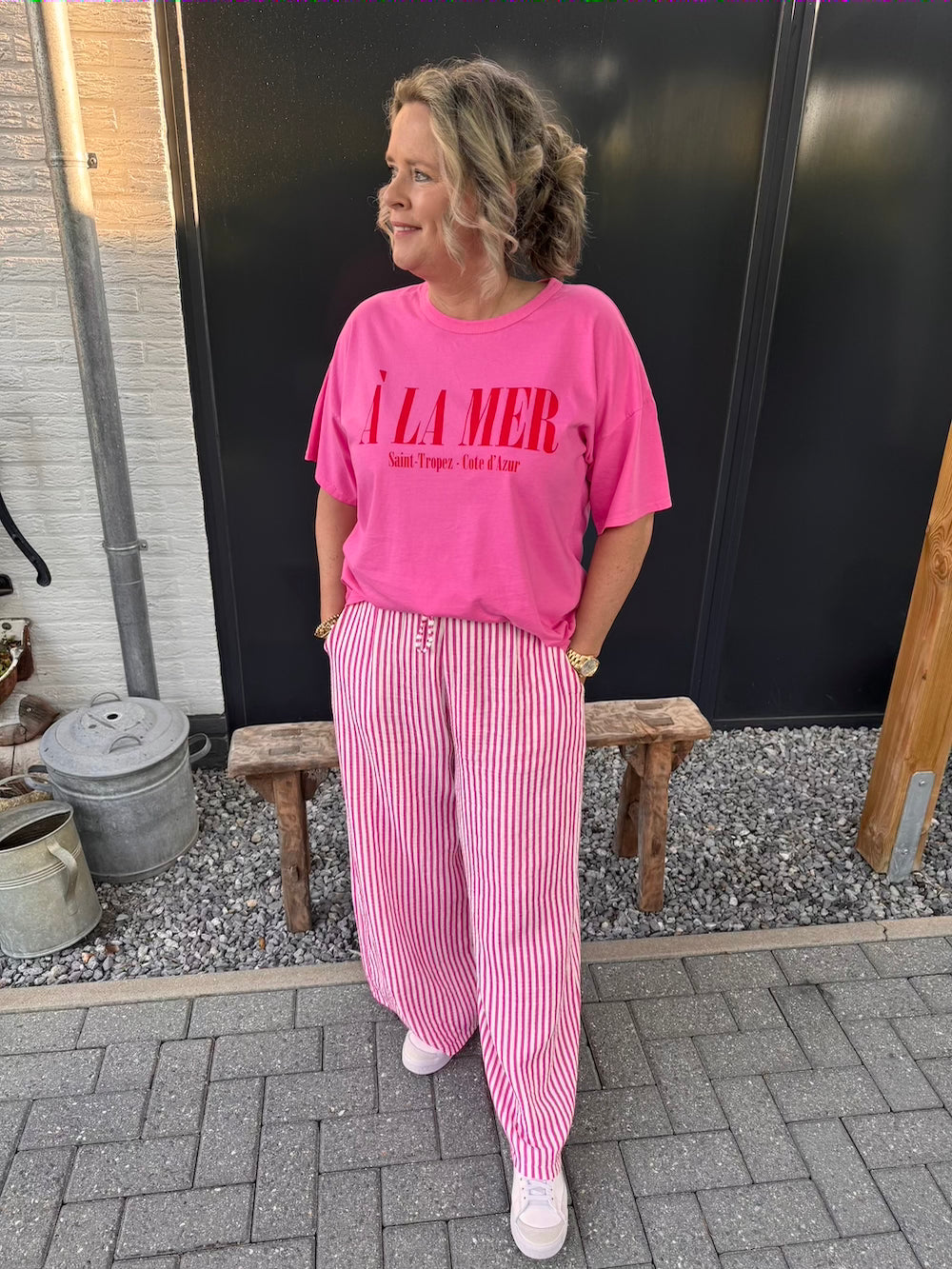 Broek roze wit gestreept