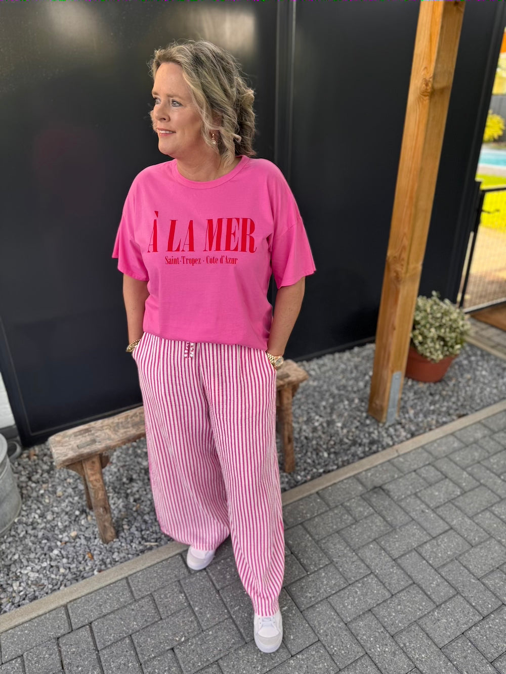 Broek roze wit gestreept