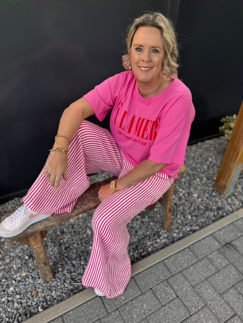 Broek roze wit gestreept