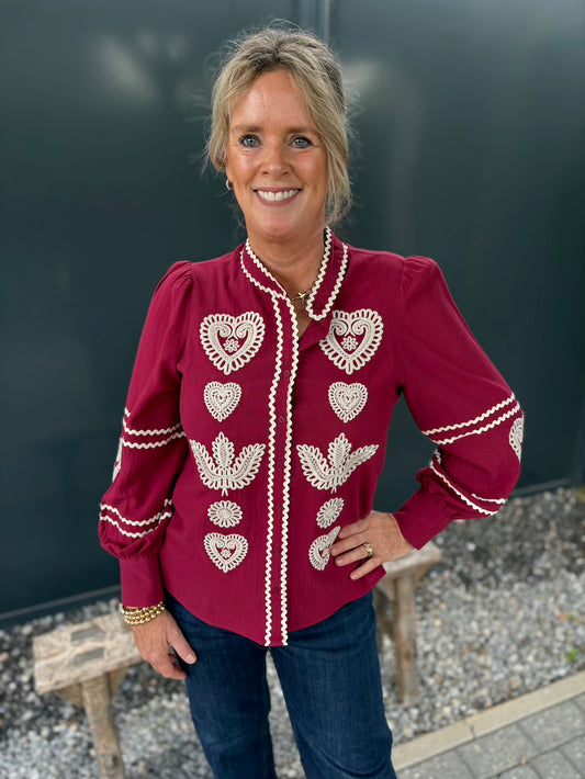 blouse bordeaux katoen met witte details