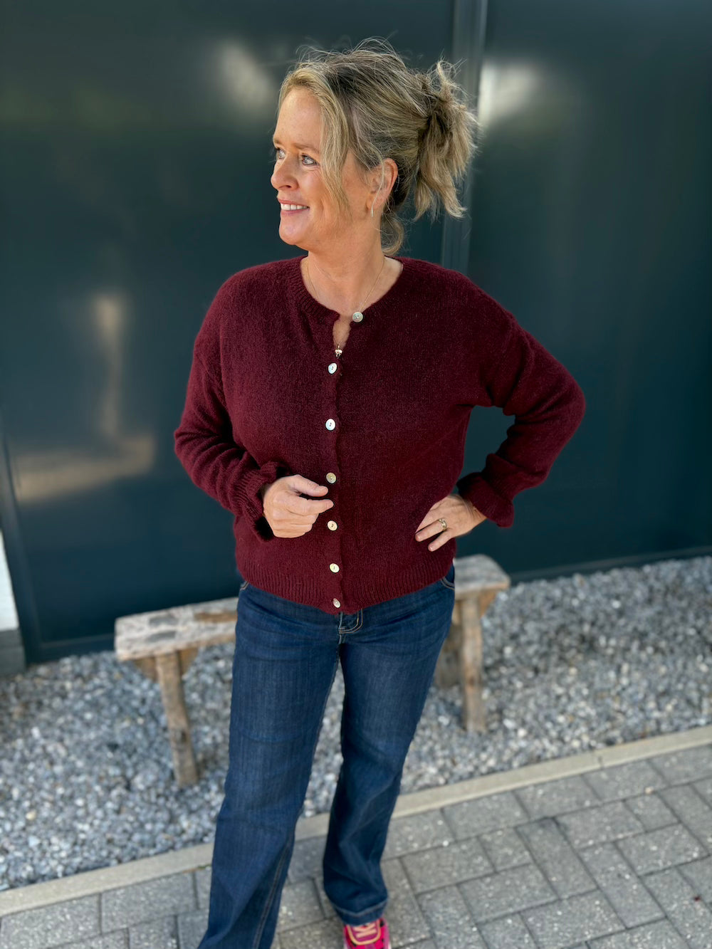 Vestje alpaca lange mouw met froezel manchet burgundy