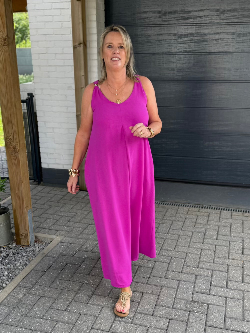 Zomerjurk magenta met ronde hals dames azzurro