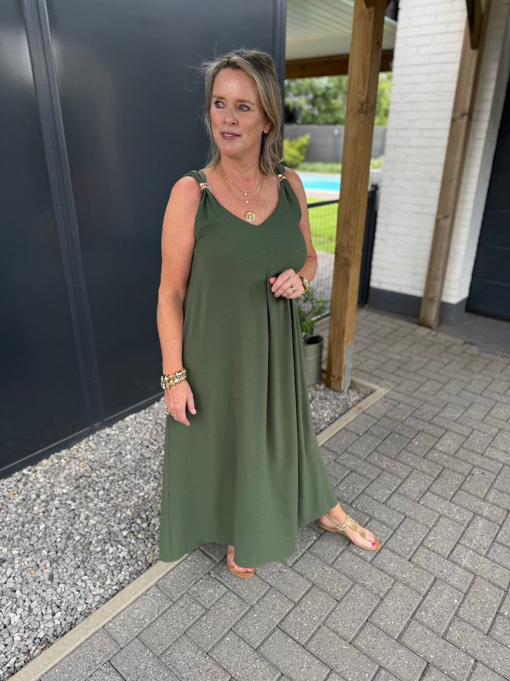 Zomerjurk khaki met ronde hals dames azzurro