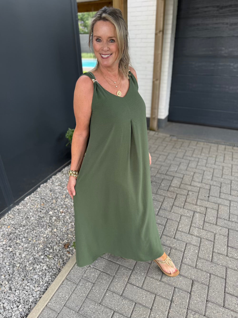 Zomerjurk khaki met ronde hals dames azzurro