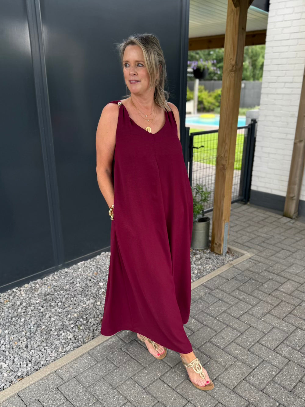 Zomerjurk bordeaux met ronde hals dames azzurro
