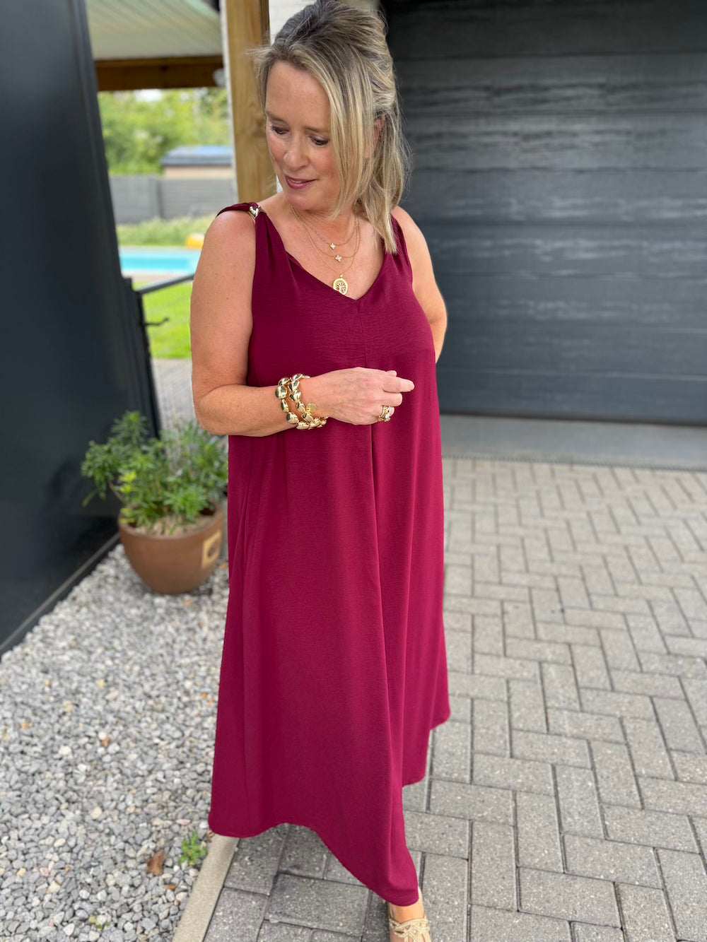 Zomerjurk bordeaux met ronde hals dames azzurro