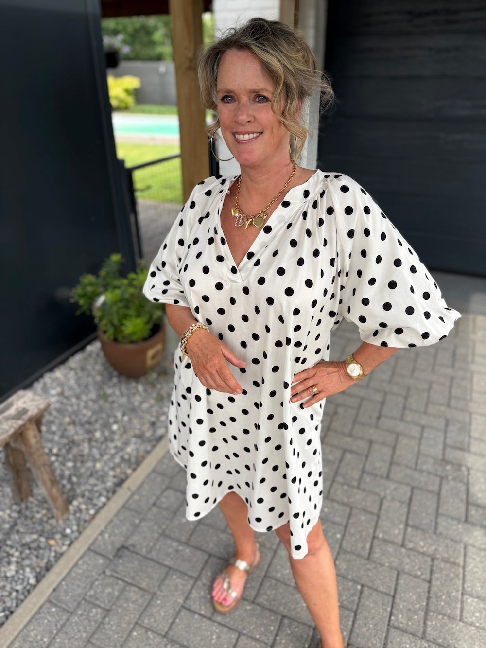 Jurk met pofmouw polka dots