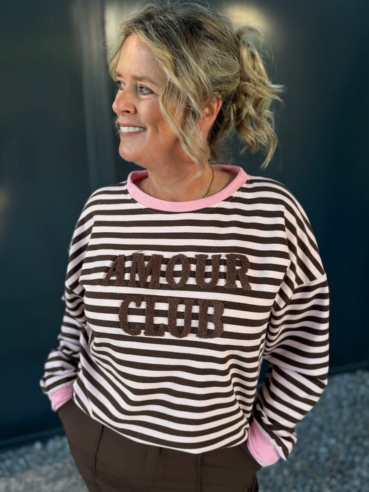 Sweater amour club gestreept roze met bruin