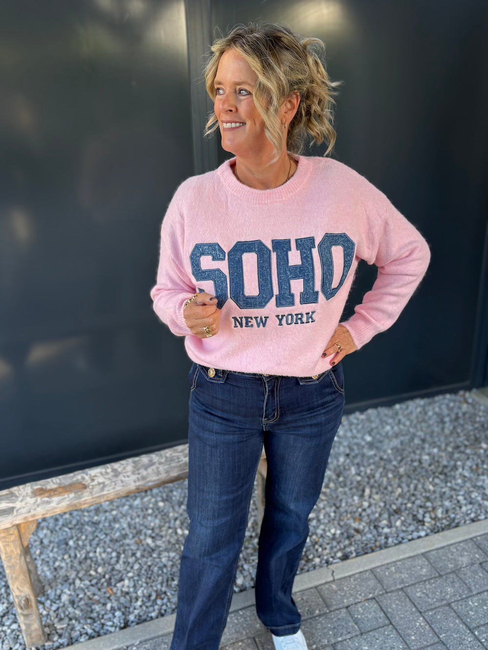 Trui Soho roze met jeansprint