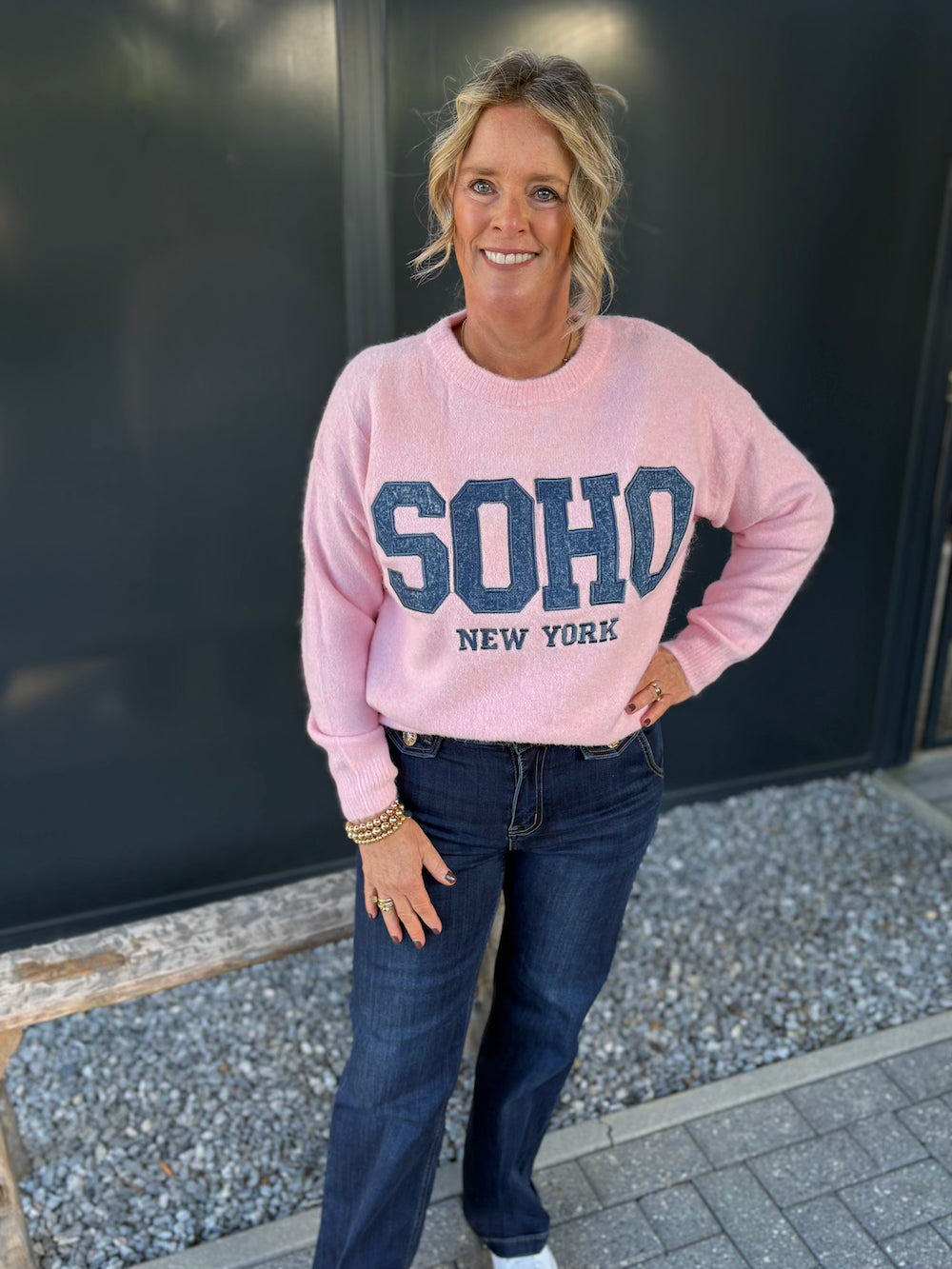 Trui Soho roze met jeansprint
