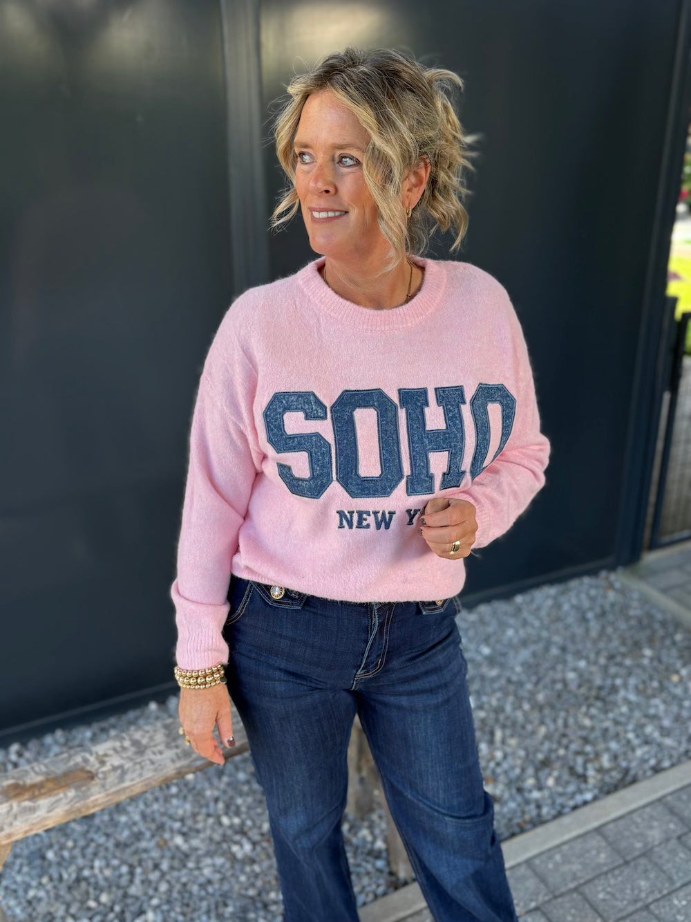 Trui Soho roze met jeansprint