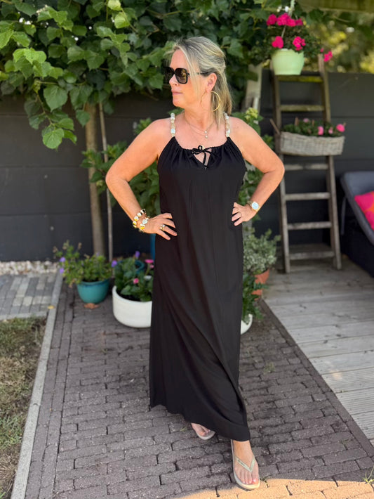 Maxi Jurk met kralen bandjes zwart 