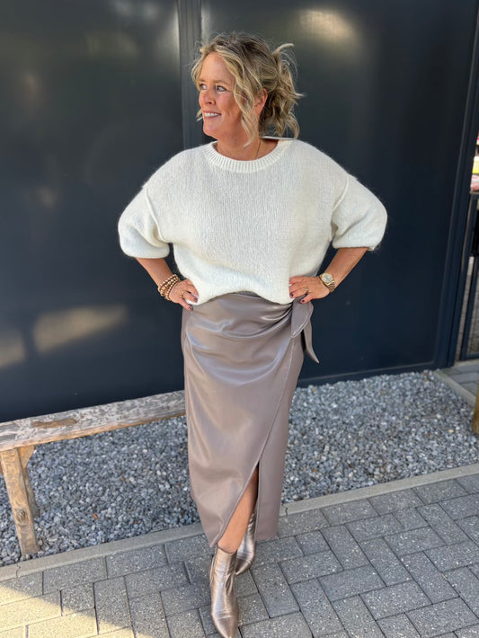 Rok vegan leather taupe met strik