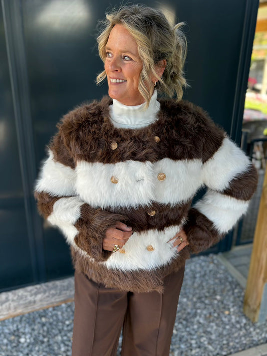 Jasje fake fur bruin wit gestreept
