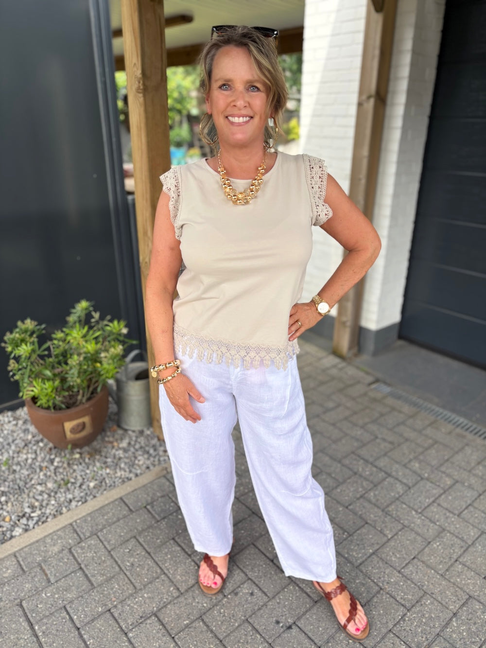 Linnen broek met elastische taille wit