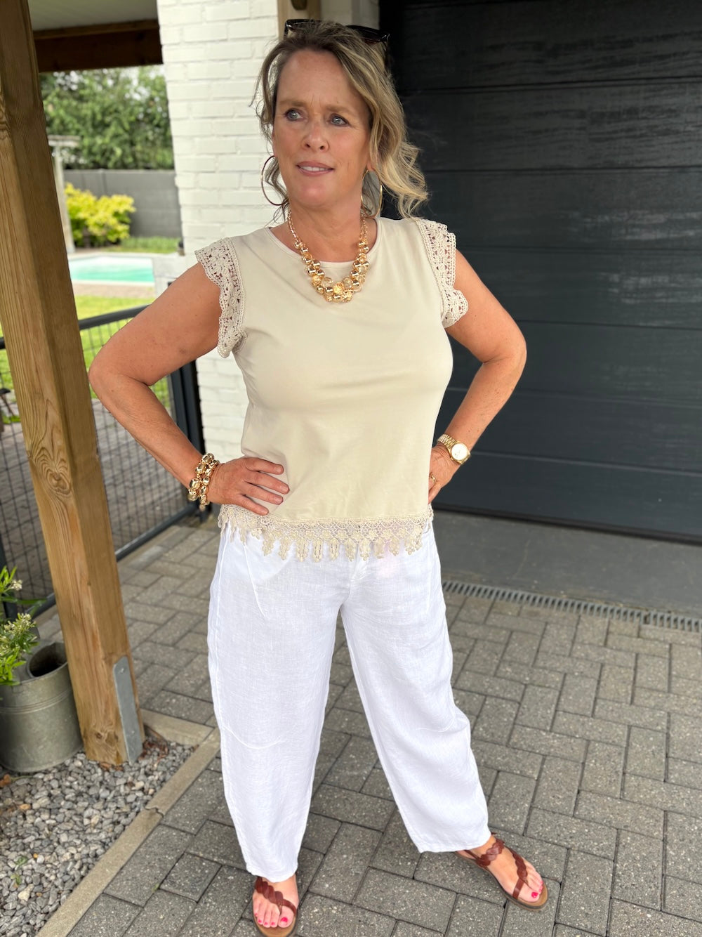 Linnen broek met elastische taille wit