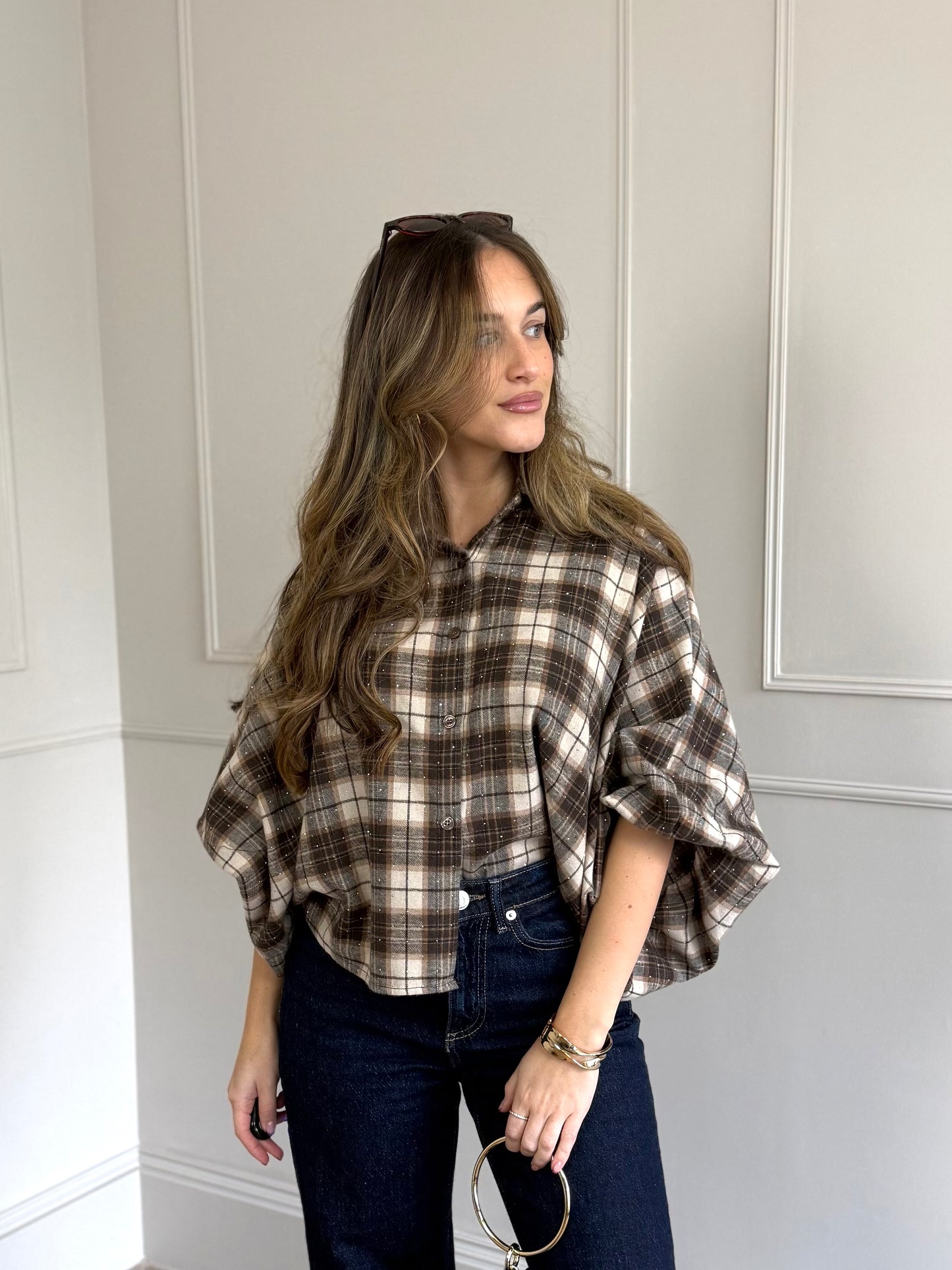 Blouse met pofmouw beige ruit