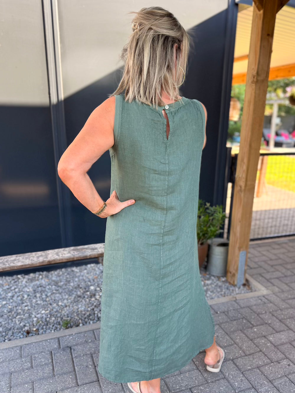 mididress met split linnen mouwloos khaki