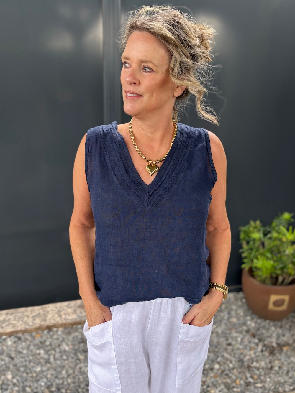 topje linnen marine blauw