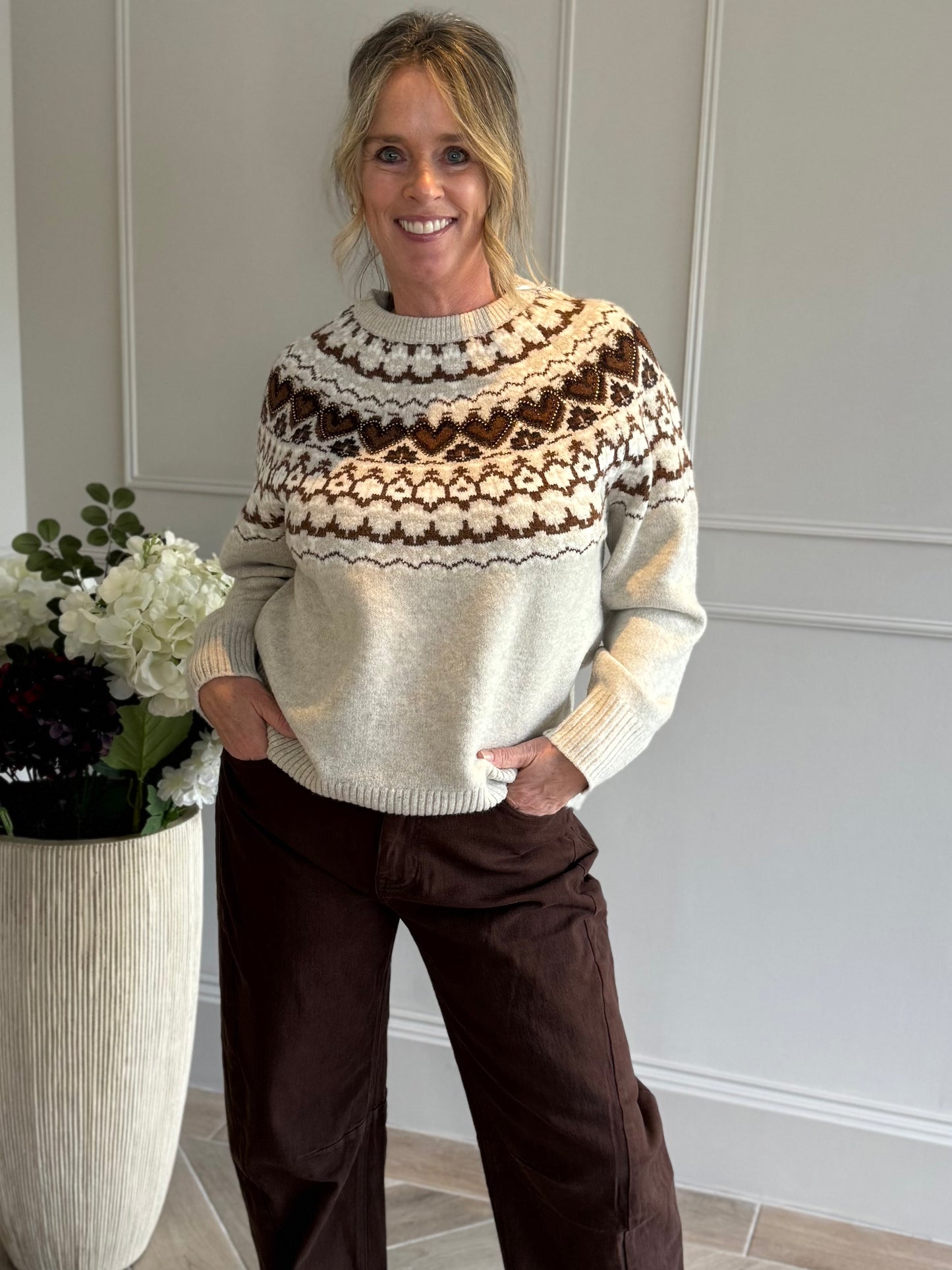 trui scandinavisch patroon beige