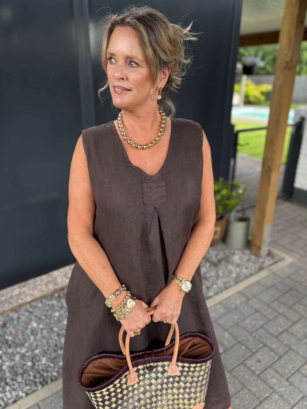 linnen jurk bruin mouwloos