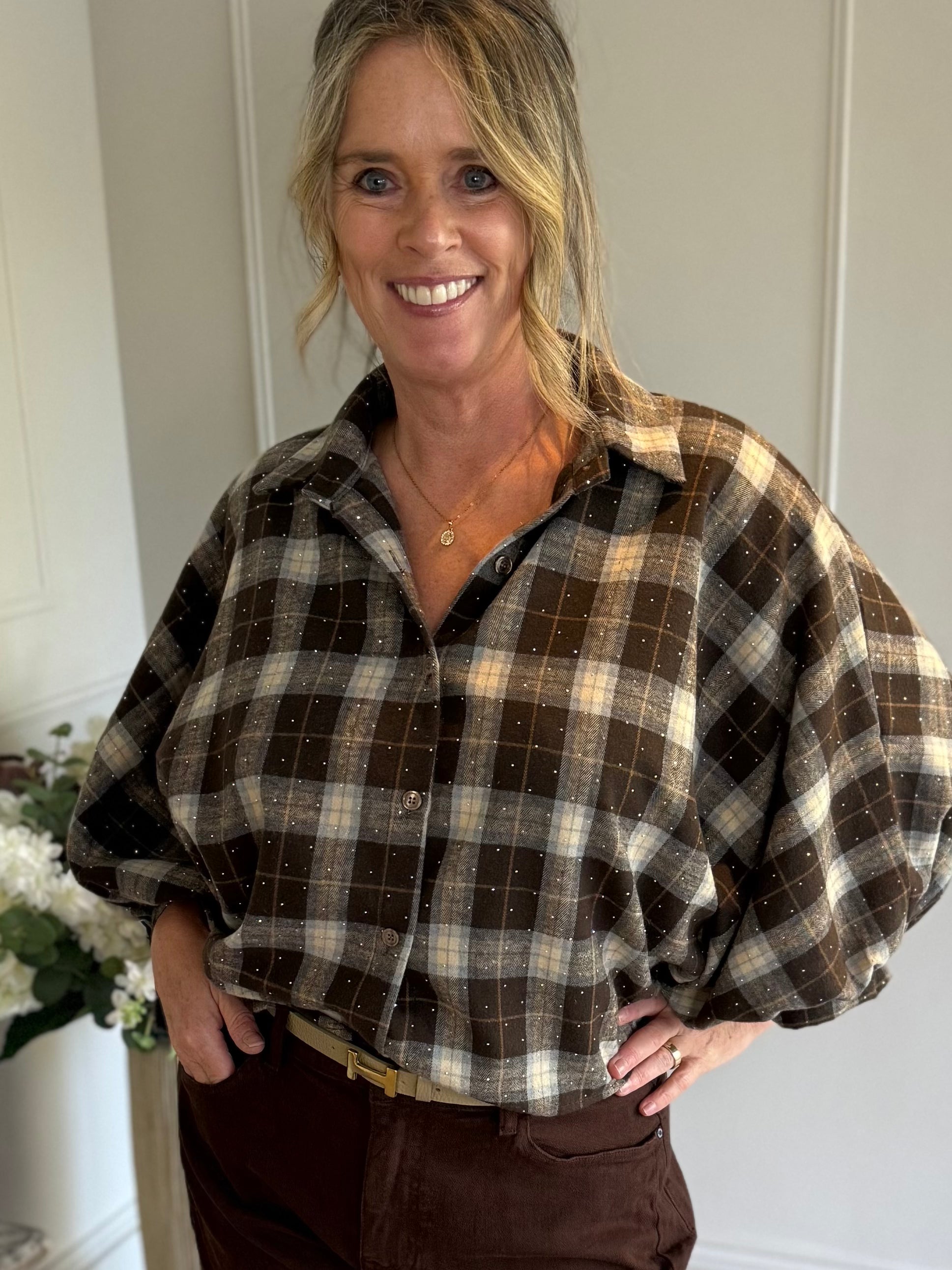 Blouse met pofmouw ruit blauw