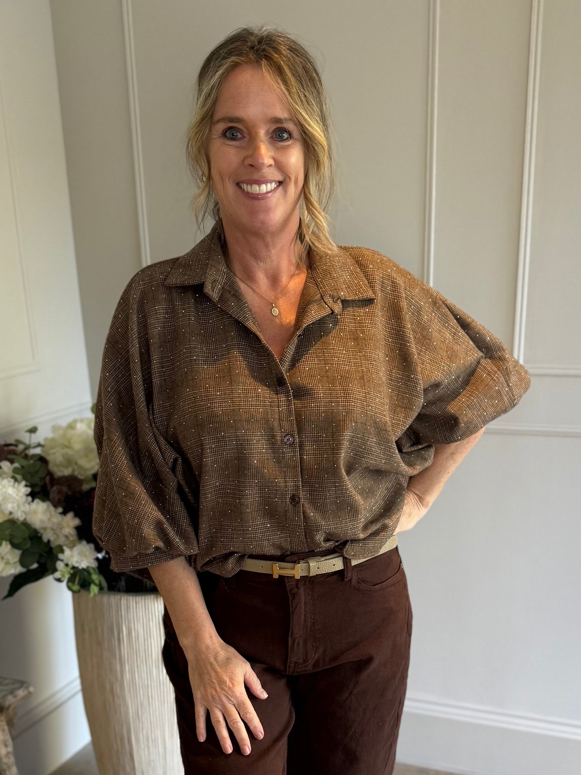 Blouse met pofmouw kleine ruit