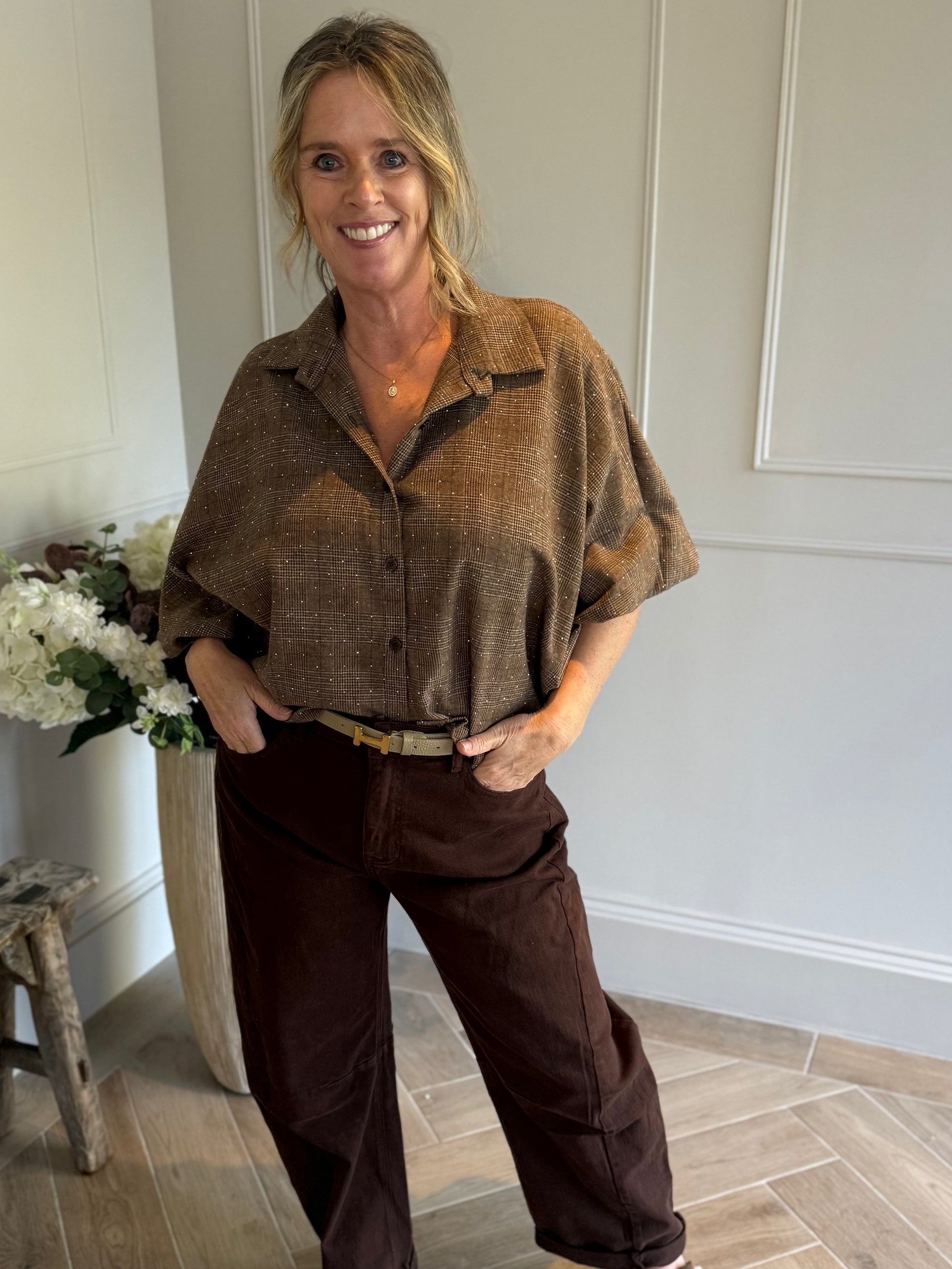 Blouse met pofmouw kleine ruit