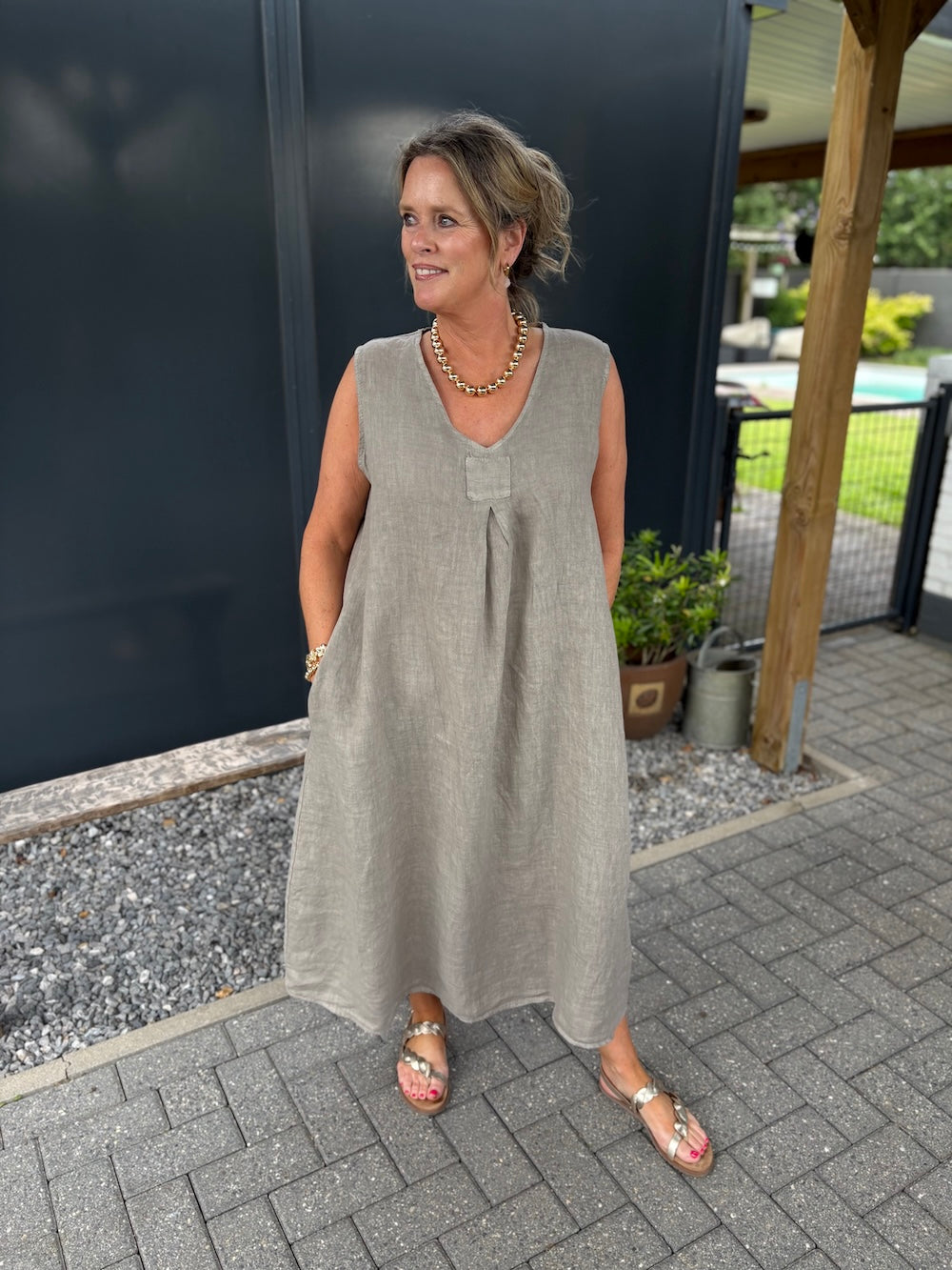 linnen jurk taupe