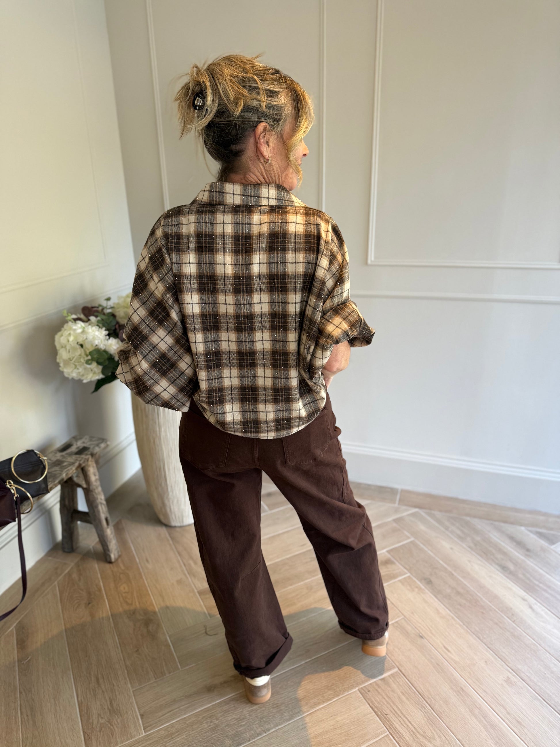Blouse met pofmouw beige ruit