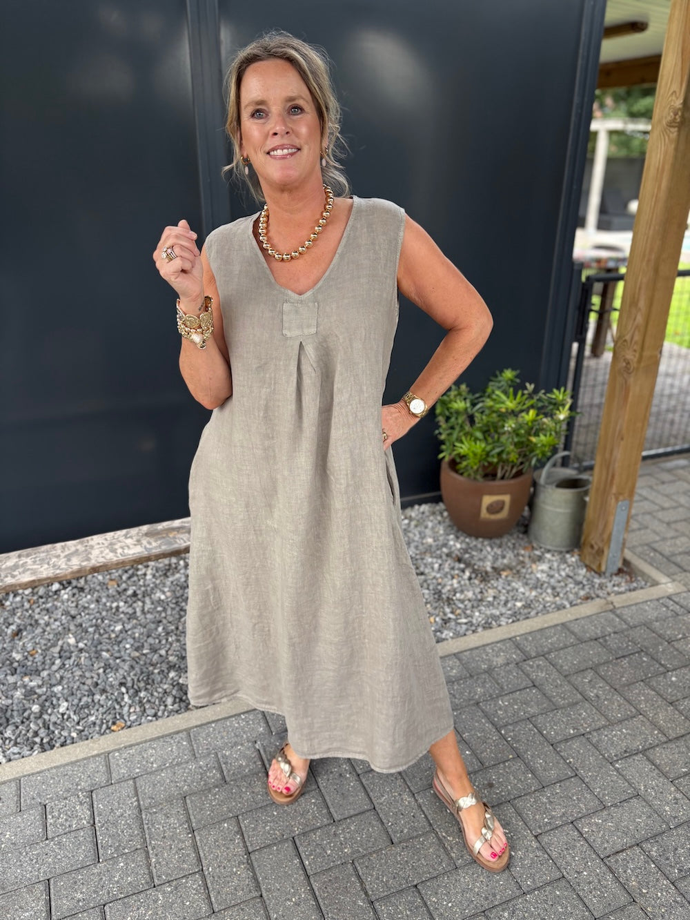 linnen jurk taupe