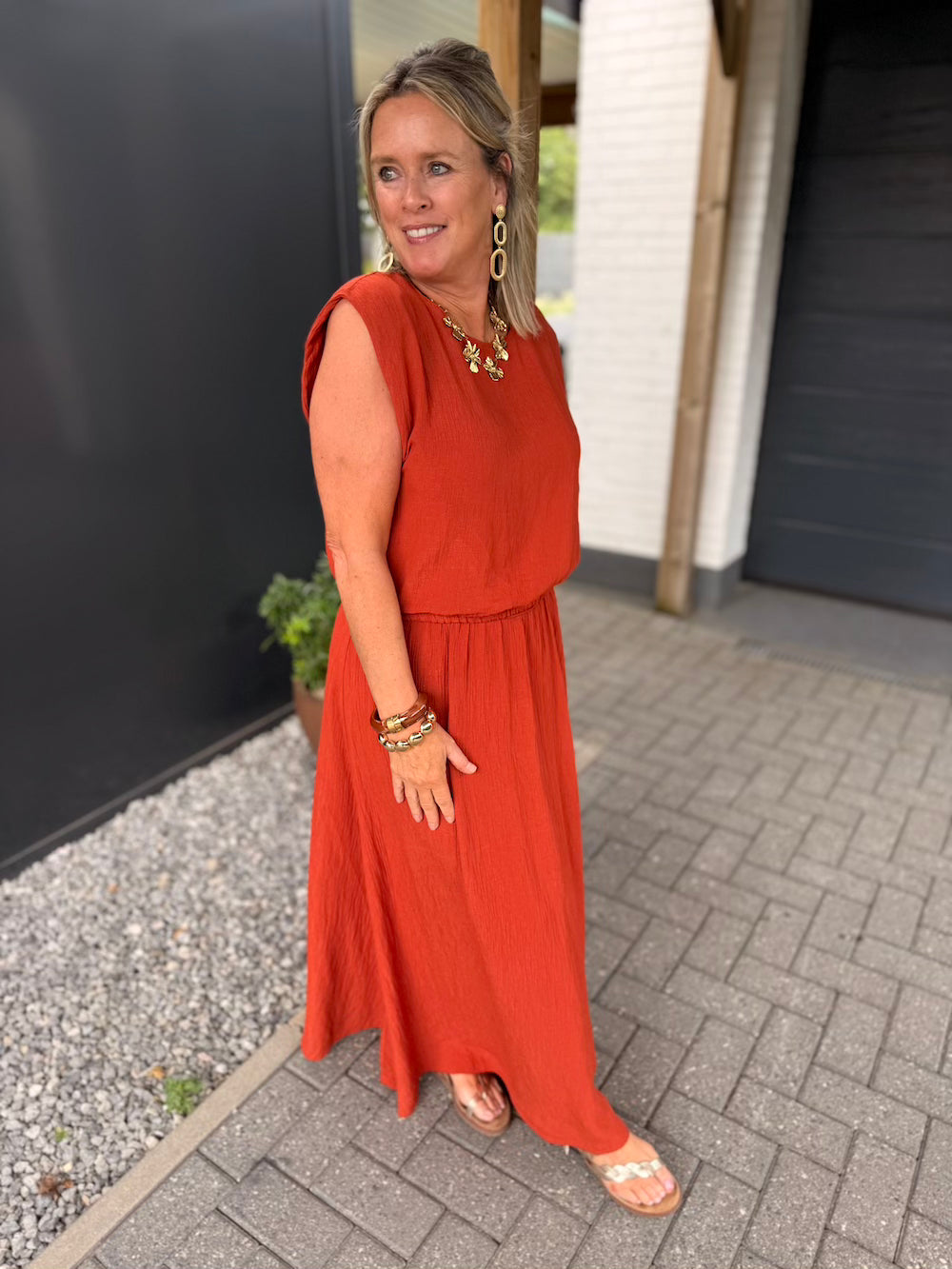 set rok en top met elastische taille brique